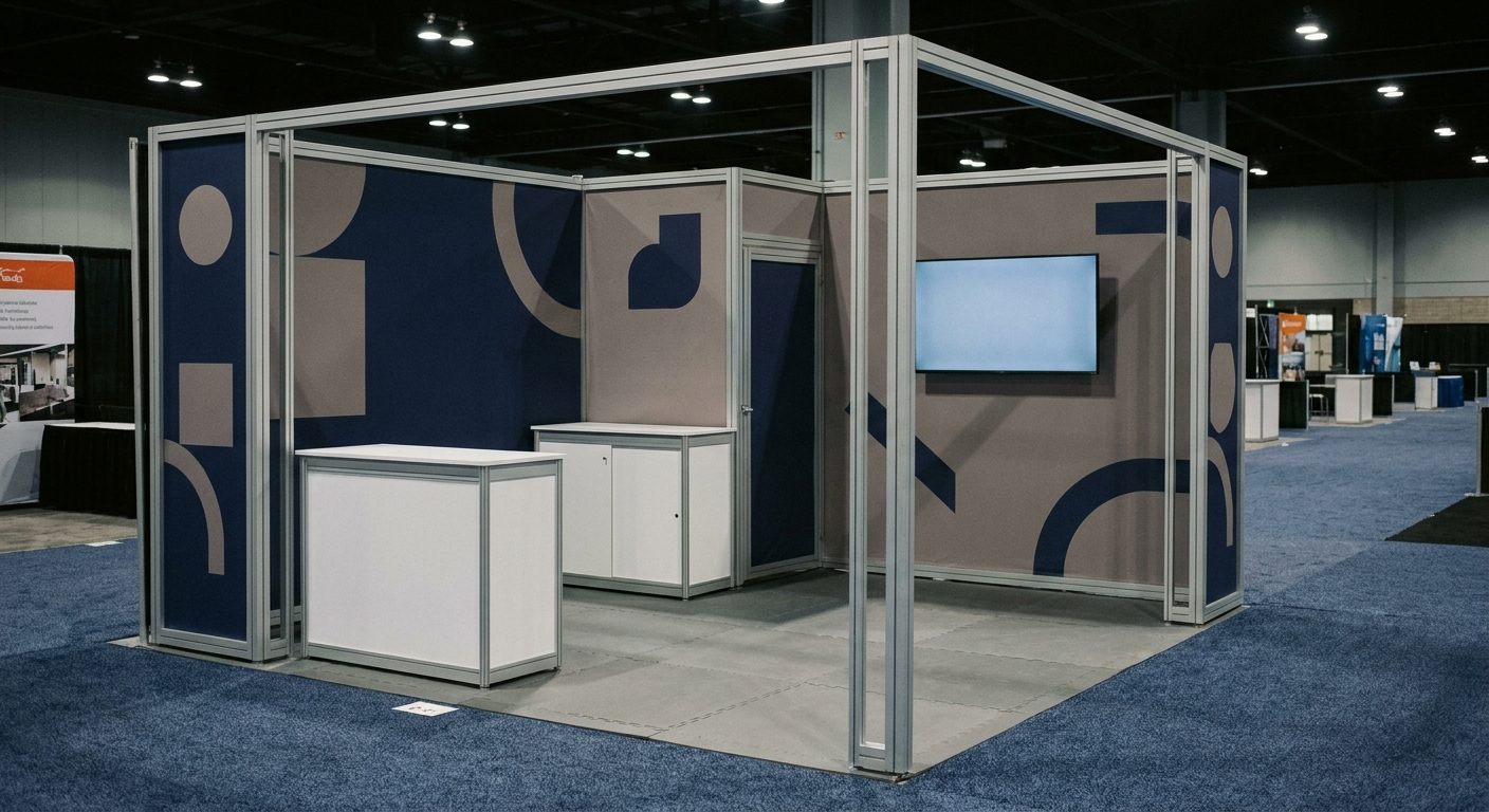 A 20 by 20 foot island modular trade show booth with fabric graphic walls, a reception counter and a mounted screen on a convention center floor.