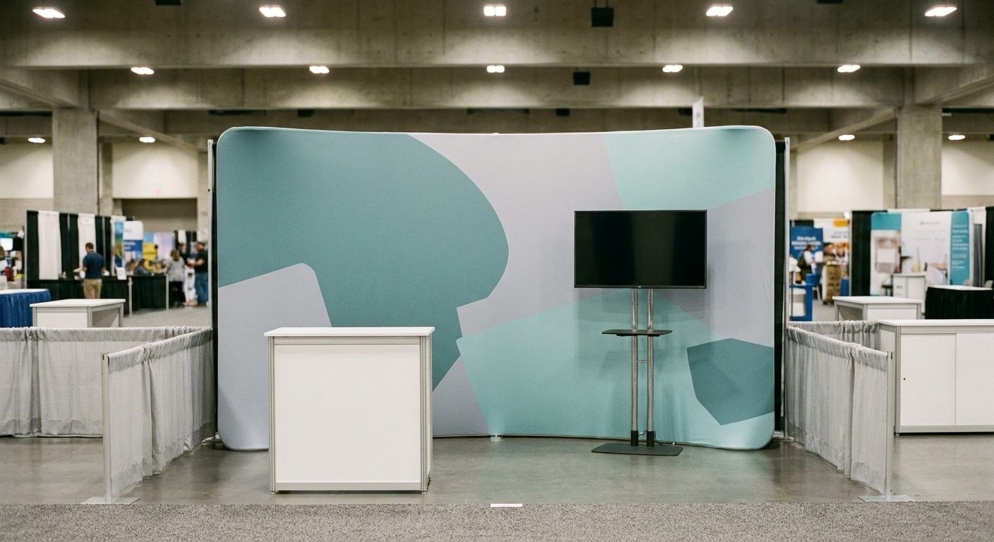 A 10 by 20 foot inline modular trade show booth with a curved fabric backwall and two counters along a convention center aisle.