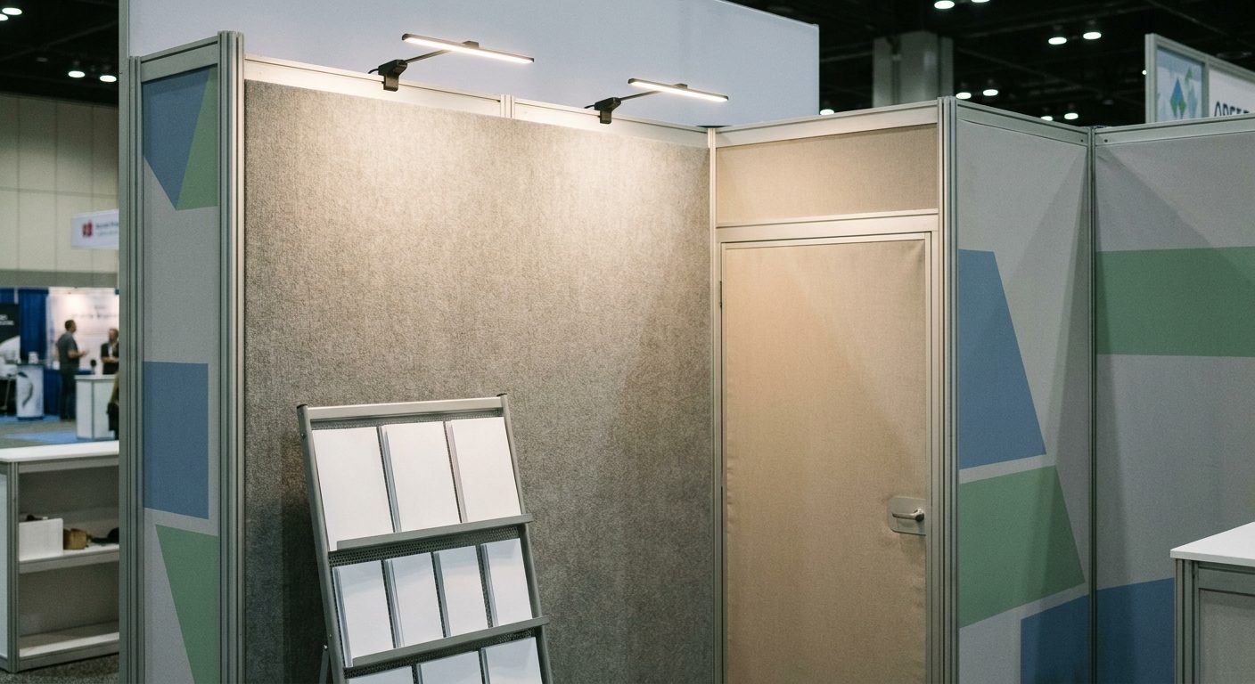 LED arm lights on a modular booth frame lighting a fabric wall, with a storage closet built into the backwall and a literature rack.