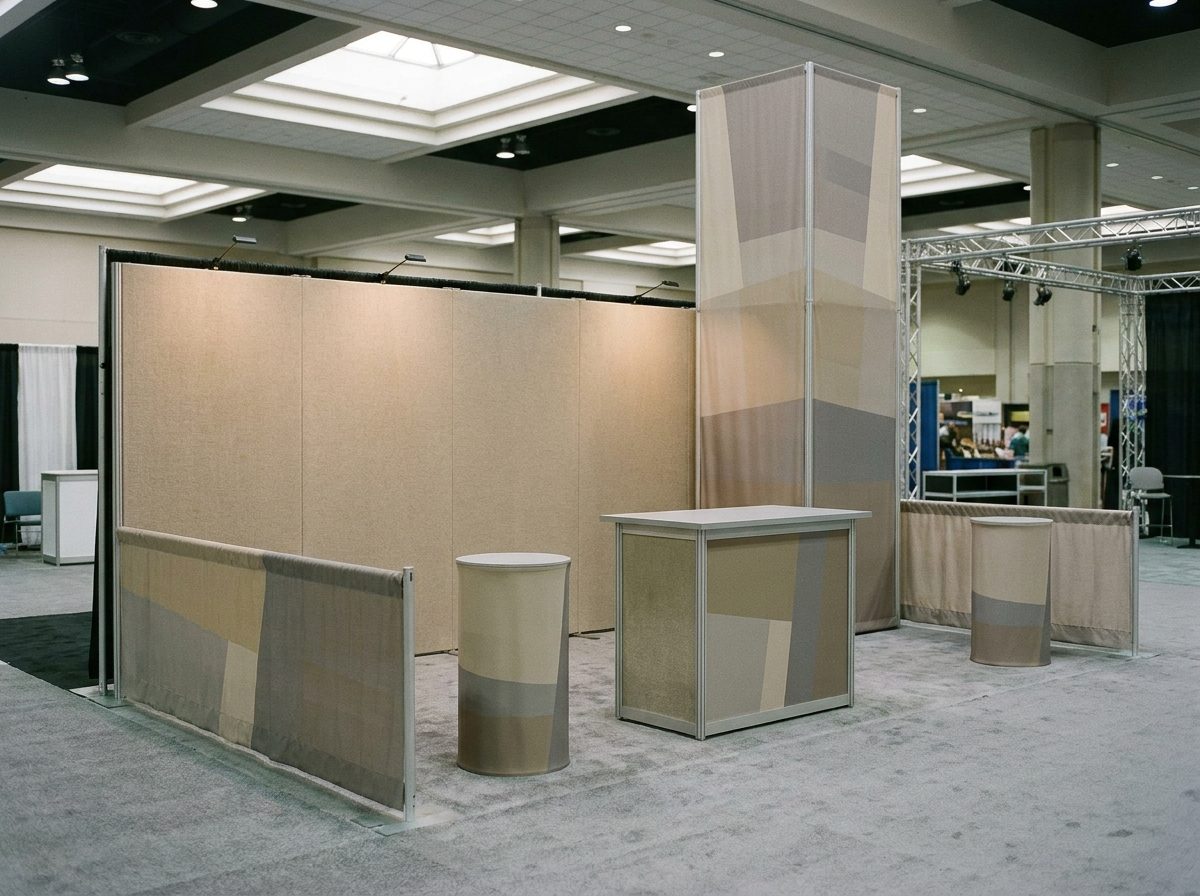 A peninsula-style modular booth at the end of an aisle row, open on three sides, with a low backwall, pedestals and a fabric tower.