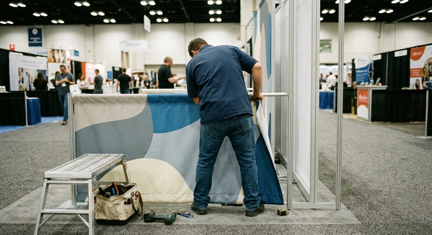 An installer, seen from behind, pressing a silicone-edge fabric graphic into the channel of a modular aluminum booth frame.