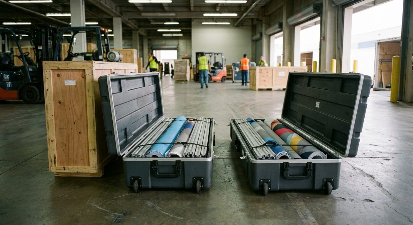 Wheeled molded shipping cases and a crate packed with aluminum extrusions and rolled fabric graphics at an exhibition hall loading area.